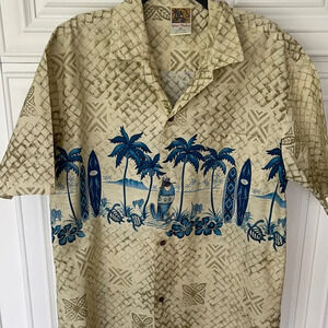 Winnie Fashion Hawaiian  Button Up Shirt USA Palm Surf Beige Gray Mens XL